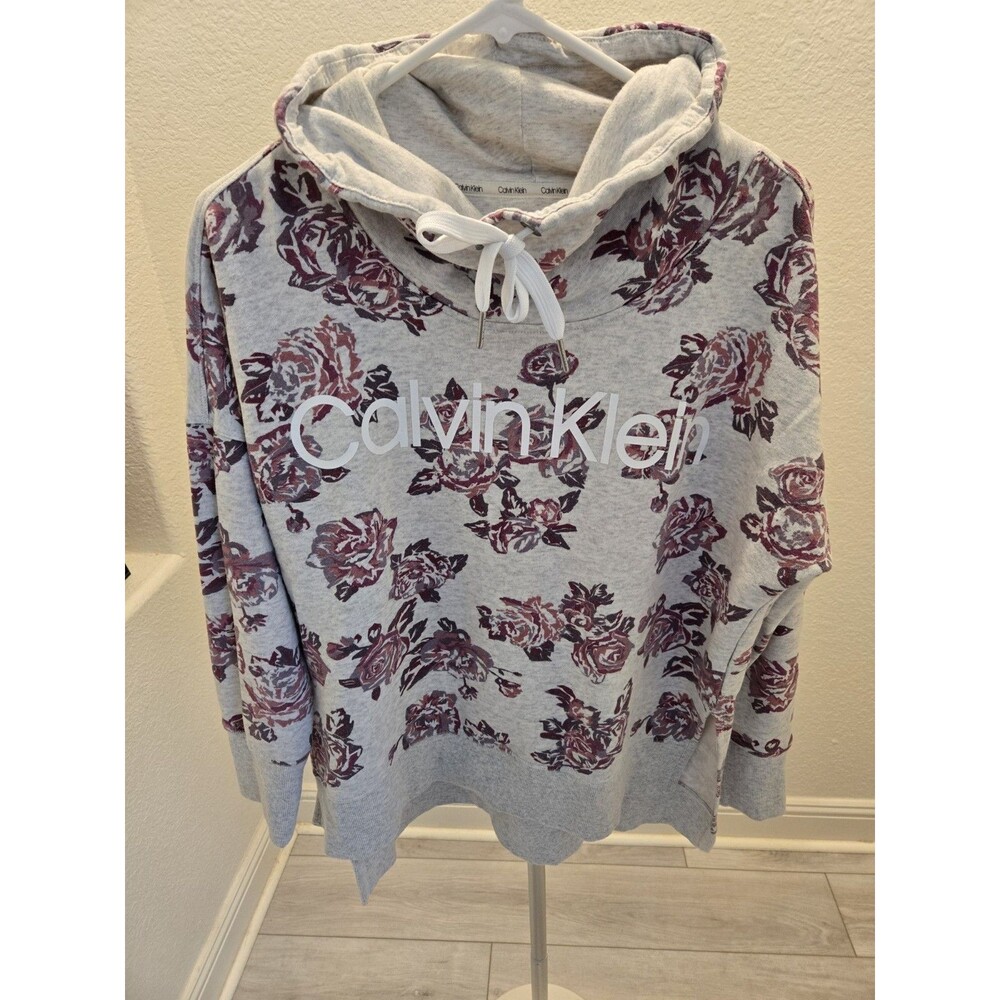 Calvin Klein Women Floral Logo Hoodie Sweatshirt Grey Cowl Neck Fleece Size M